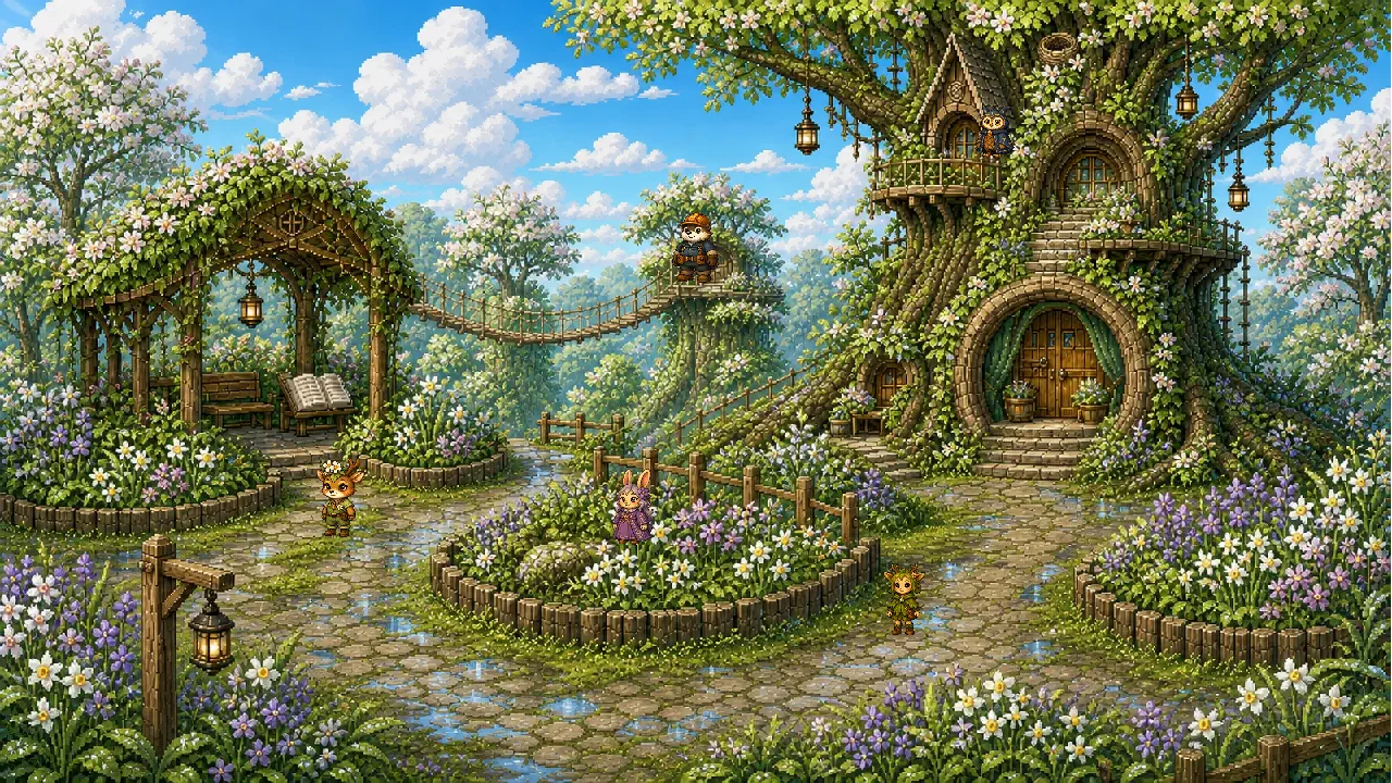 The pixel-art Village of Meli, Torven, Virelle, Avelune and Merrin